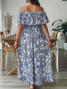 SHEIN LUNE Gaun Maxi A-Line Ruffle Bahu Terbuka Wanita Ukuran Plus, Putih, Musim Panas, Boho, Pesta Lajang, Pesta Teh, Liburan Motif Biru Belahan Samping Liburan Tropis - MultiWarna - View 2