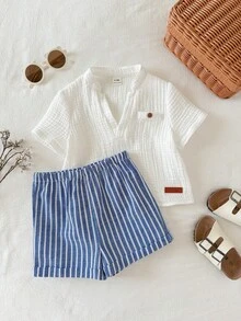SHEIN 男婴夏季休闲白色翻领Polo衫和蓝色条纹短裤两件套，正式服装 - 彩色 - 查看 5
