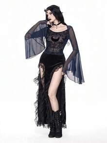 ROMWE Goth 深色复古宫廷藤蔓月亮图案植绒薄纱网眼女式衬衫 - 藍色 - 查看 2