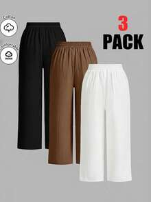 SHEIN Essnce Plus-Size Women's Spring/Summer Fashion Casual Loose Comfortable Everyday Basic Versatile Slimming Elastic Waist Multi-Color Basic Wide-Leg Pants 3 Pack,Women Bottom,Spring Outfits,Simple Style,Baggy Pants Pleated Pants Elastic Waist Pants For Women Wide Leg Pants Comfortable Pants 3 Pack Pants - Multicolor - View 2