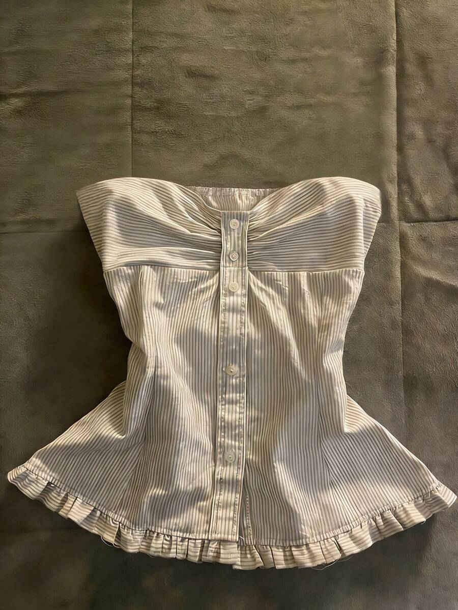 Glimmora Women's Summer Casual Vacation & Commute Striped Print Ruched Peplum Tube Top - Apricot - View 1