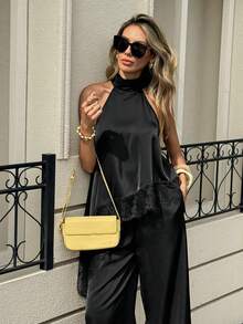 Siren Gaze 女士蕾丝拼接不对称下摆露肩背心和裤子两件套 - 黑色 - 查看 8