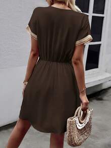 Breezaya Women's Contrast Lace V-Neck Short Sleeve Waist Tassel Tie Waist Dress Resort Wear Women Vacation Dress Vacation Coffee Brown Summer Elegant - Brown - View 3