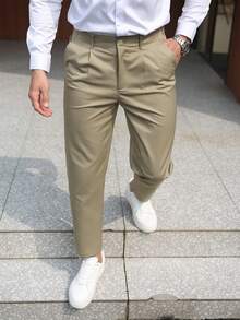 Manfinity Mode Pantaloni casual da uomo di colore unito con tasche, formali - Cachi - Visualizzare 3