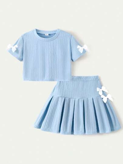 Casuvi Kids Tween Girl Butterfly Decor T-Shirt & Butterfly Decor Pleated Skirt Set Girls Skirt And Top Set Skirt Set For Girls Girls Outfits Sets Two Piece For Girls Blue Skirt Set