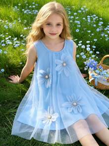 Elladie kids 女童蓝色网纱碎花连衣裙，儿童舒适甜美可爱时尚无袖连衣裙，适合夏季、海滩、度假、户外活动 - 藍色 - 查看 3
