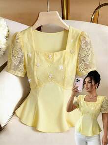 GlowEve Áo kiểu nữ thanh lịch phối lưới, cổ vuông, eo thắt, thích hợp cho mùa hè. - Vàng nhạt - Xem 1