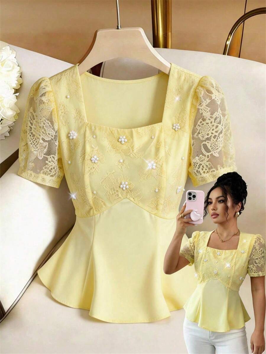 GlowEve Áo kiểu nữ thanh lịch phối lưới, cổ vuông, eo thắt, thích hợp cho mùa hè. - Vàng nhạt - Xem 1