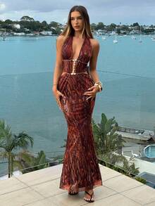 Aloruh 女士印花镂空露腰露背连衣裙，波西米亚风动物纹串珠露腰露背连衣裙，夏季沙滩裙，女士沙滩度假装，度假连衣裙，女士热带度假装，热带度假女装，性感露背连衣裙 - 棕色 - 查看 3