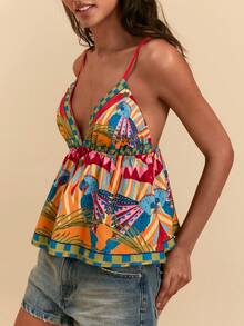 SHEIN TRVLCHIC Camiseta de tirantes con estampado geométrico y de plantas tropicales con flecos, adecuada para la playa/vacaciones - Multicolor - Ver 6