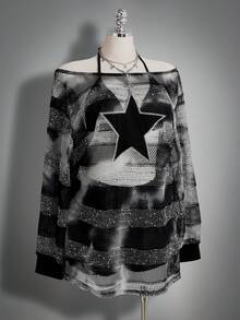 SHEIN ICON 大尺碼女款黑色秋季 2000s Y2K 70s 90s 露肩半透視洋裝，五角星貼花刺繡，適合夜店派對、夜生活、寬鬆版型 - 黑與白 - 查看 6