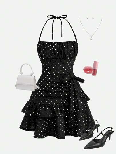 Girlism Teen Girls Polka Dot Ruffle Waist Spaghetti Strap Dress, , Summer, Holiday, Vintage, Elegant, Party, Formal, Bow, Girls Mini Dress, Summer Dress