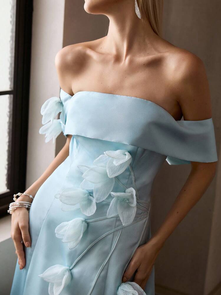 MOTF Soiréza ELEGANT LIGHT BLUE OFF-SHOULDER MAXI PARTY GOWN FOR WOMEN, 3D FLORAL APPLIQUE BACK LACE-UP TIE DETAIL VOLUMINOUS FLOOR-LENGTH DRESS IN GLOSSY SATIN FABRIC, FOR VALENTINE'S DAY, WINTER NEW YEAR EVENING EVENTS, FORMAL PARTIES, GALAS, CELEBRATIONS & SPECIAL OCCASIONS