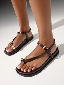 Denimoi Women's Comfortable Gold Metal Toe Ring Flat Sandals For Christmas - Chocolate Brown - View 11