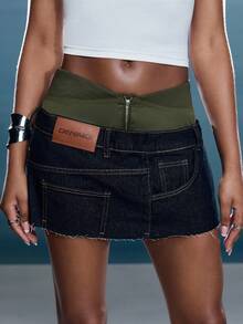 Denimoi Chân váy denim ngắn phối nhiều chất liệu, thời trang đường phố, gợi cảm, thích hợp mặc thường ngày. - Rửa tối - Xem 5