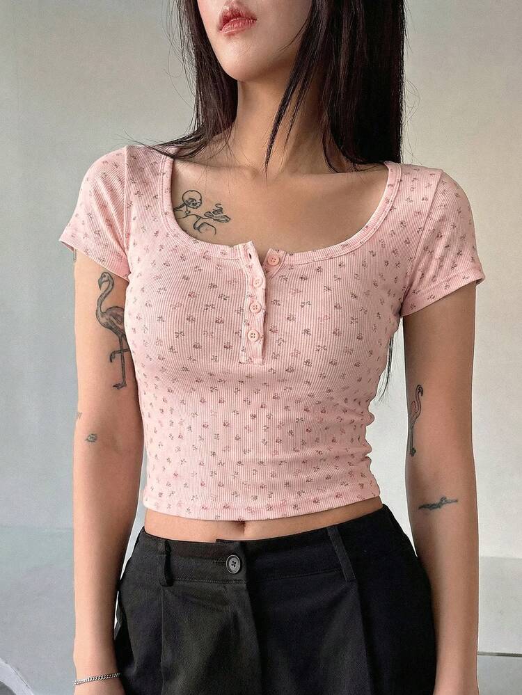 Women's Floral Button Half-Placket Short Sleeve Casual T-Shirt Cute Tops