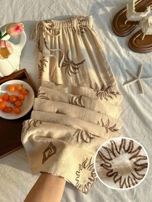 Comfortcana Summer Solid Color Textured Crinkle Fabric Loose Drawstring Tie Waist Casual Vacation Wide Leg Pants, Plus Size - Beige - View 1