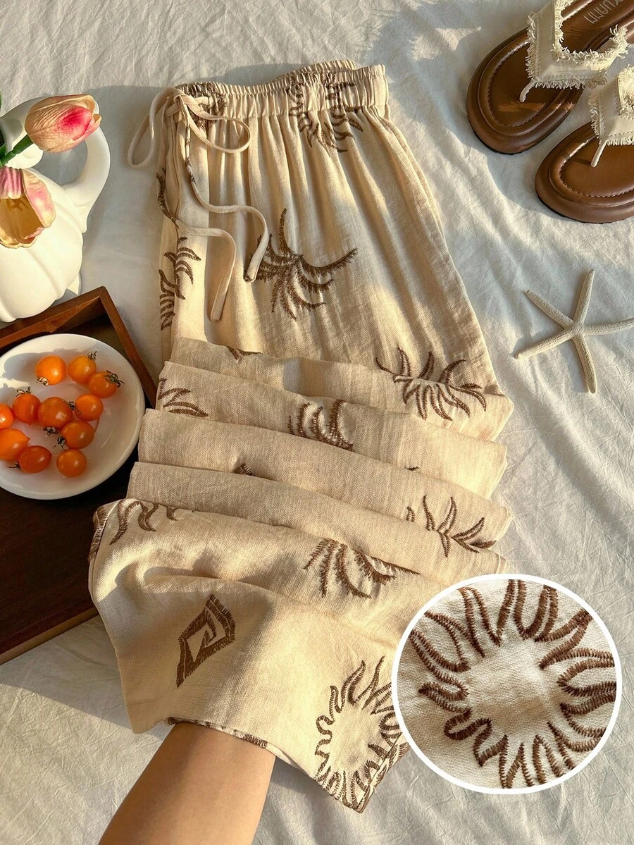 Comfortcana Summer Solid Color Textured Crinkle Fabric Loose Drawstring Tie Waist Casual Vacation Wide Leg Pants, Plus Size - Beige - View 1