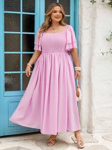 SHEIN CURVE+ Đầm nữ cỡ lớn dáng rộng, cổ tròn, tay ngắn, màu trơn, thanh lịch, thích hợp cho ngày Valentine, mùa xuân/hè, hoặc dịp năm mới, màu hồng. - Hồng - Xem 9