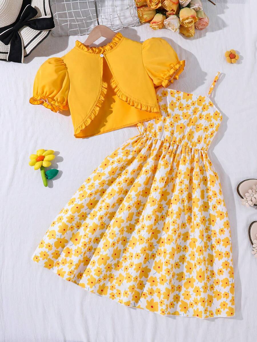 Tween Girl Solid Color Ruffle Trim Puff Sleeve Top And Floral Print Camisole Dress 2-Piece Set - Multicolor - View 1