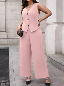 Flirla Plus Size 2 Pieces Suit Set: Vest & Pants Graduation,Back To School,Teacher Outfits For Women Winter Fall Autumn - Pink - View 6
