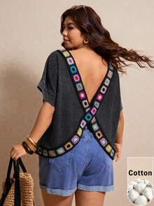 Elaquor Camiseta holgada de cuello redondo con bloques de color en estilo retro, talla grande, para verano - Negro - Ver 1