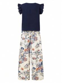 2pcs/Set Kemeja Lengan Pendek Kasual untuk Remaja Perempuan + Celana Motif Bunga, Cocok untuk Pantai & Santai - Royal Blue - View 2