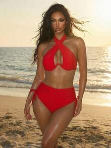 SHEIN Swim 2pcs/Set Women's 2025 Beach Vacation Solid Color Cutout Cross Halter Sexy Bikini Swimwear Set With Underwiring Summer - Red - View 2