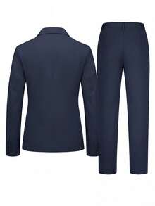 Calvornis Men's Simple Solid Color Button Long Sleeve Suit Jacket And Casual Pocket Pants Set, Ceremony, Formal - Navy Blue - View 2