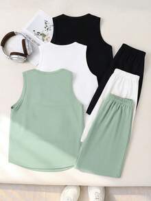 6pcs Tween Boy Casual Cute Graphic Round Neck Knit Vest & Shorts Set, Suitable For Commuting, School, Daily Casual, Sports, Spring/Summer - Mint Green - View 3