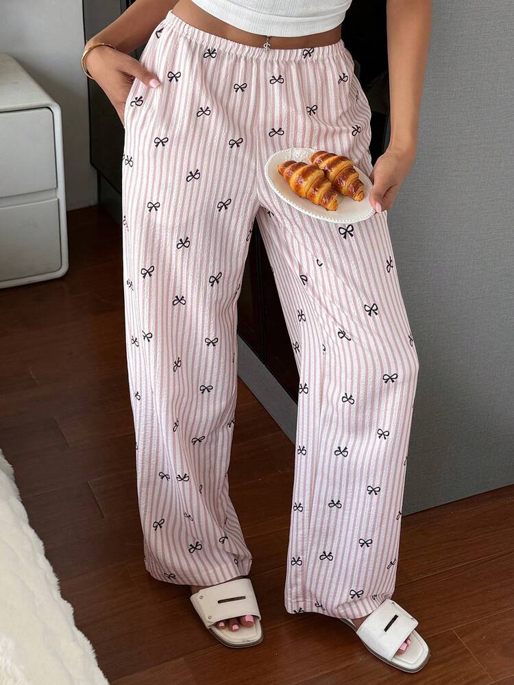 Women's Lightweight Bowknot Striped All-Over Print Loose Pajama Bottoms, Summer