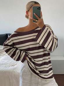 DAZY 女款棕色條紋不對稱肩寬鬆休閒街頭風街頭風格T恤圖案印花上衣，適合外出夜生活秋季穿搭 - 白色 - 查看 6