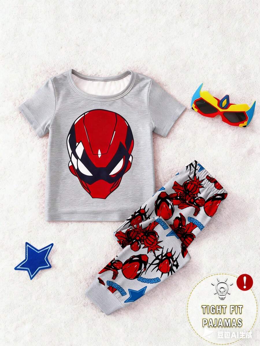 1 Set Pijama de niño pequeño con estampado de araña y superhéroe, de ajuste ceñido, cuello redondo y manga corta, para primavera/otoño - Blanco - Ver 1