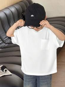 1件男童休闲华夫格纹口袋短袖圆领T恤，舒适时尚简约设计，适合春夏穿着，日常穿着、户外活动、上学、街头风、派对和休闲场合皆宜。 - 白色 - 查看 7