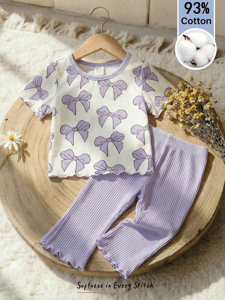 Cozy Pixies 女婴条纹针织柔软圆领短袖上衣和松紧腰裤两件套 - 彩色 - 查看 1