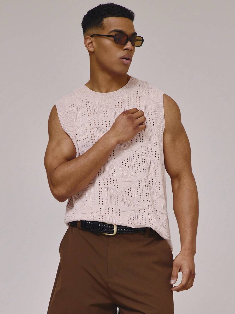 Musero Áo tank top móc len không tay cổ tròn, viền dày, kiểu dáng áo vest dệt kim, thích hợp cho mùa xuân hè, đi biển hoặc đi nghỉ mát. - Hồng - Xem 1