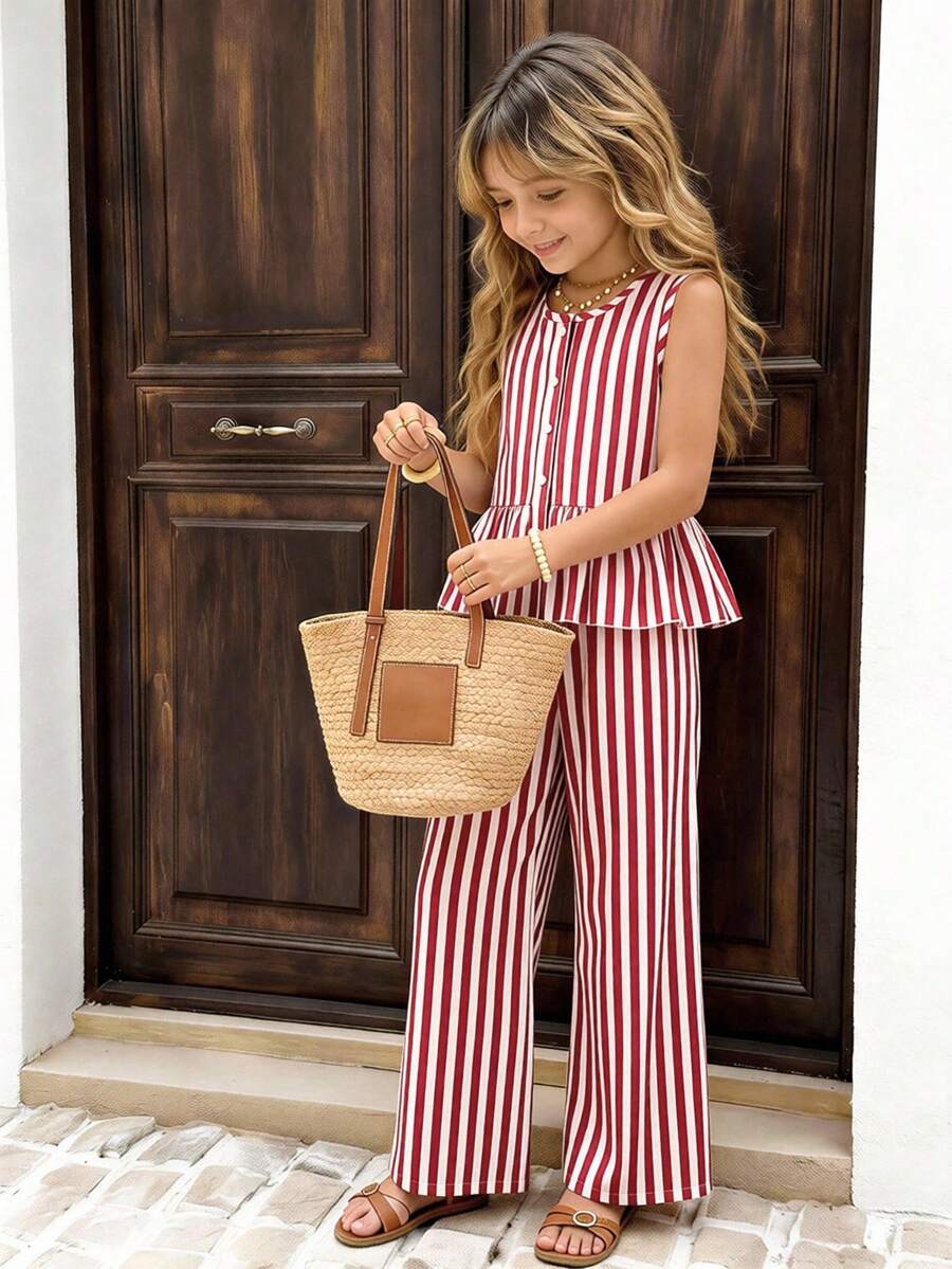 SHEIN Tween Girl Striped Ruffle Hem Sleeveless Top And Pants 2 Pieces Set - Multicolor - View 1