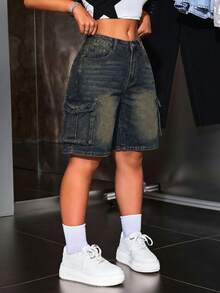 SHEIN Jeanoir Plus Size Women Cargo Pocket Casual Versatile Denim Shorts - Blue - View 5