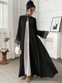 Yasmyna Women's Long Sleeve Elegant Arabic Abaya Dress With Faux Pearl Decor - Black - View 1
