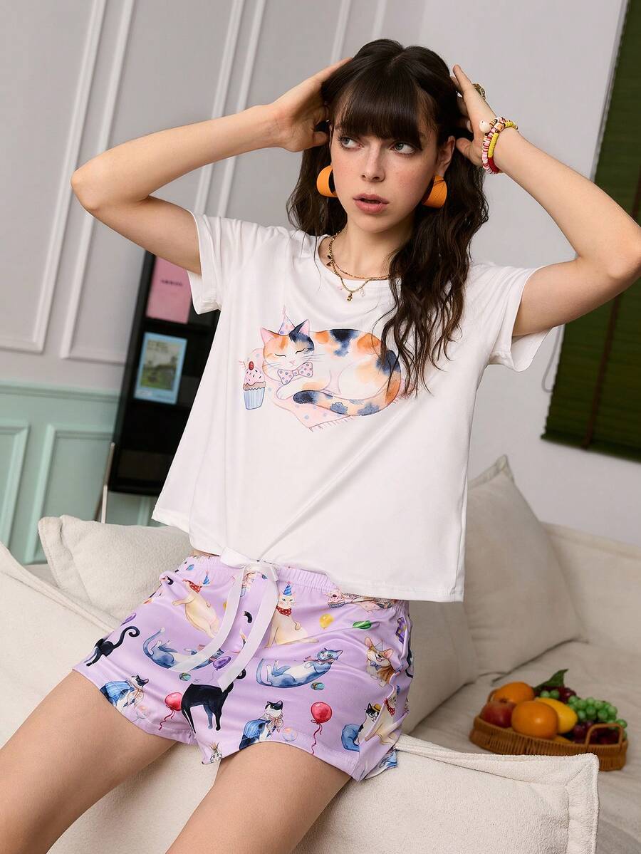 Chillnights Cartoon Cat Print Crew Neck Women Pajama Set - Multicolor - View 1