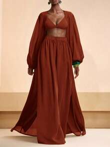 Zivah Women's Solid Color Robe And Elastic Waist Pants Casual Vacation Coverup Set Summer Beach - Redwood - View 5