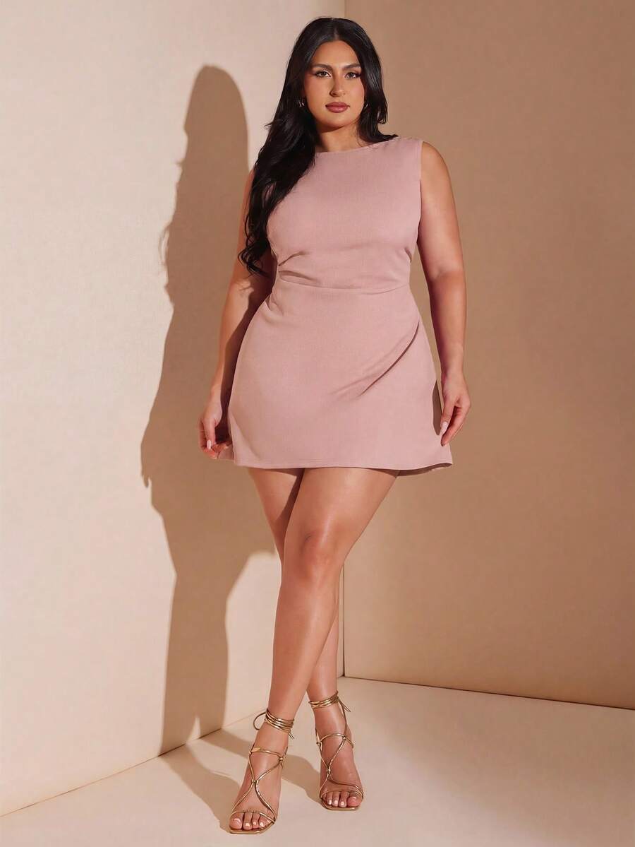 SHEIN BAE Plus Size Women's Spring/Summer Red Ruched Mini Dress, Elegant Beach Vacation Dress - Baby Pink - View 1