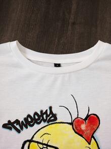 LOONEY TUNES X SHEIN 女士百搭圆领短袖T恤 - 白色 - 查看 5