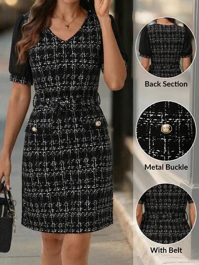 Editum Elegantes kariertes Midikleid mit Kurzarm für den Berufsalltag