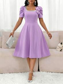 SHEIN Lady 女士优雅连衣裙，饰有3D立体花卉图案和泡泡袖 - 紫色 - 查看 5