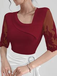 Modelyn Ladies' Asymmetric Neckline Contrast Mesh Summer T-Shirt Graphic Tees Women Tops - Burgundy - View 2
