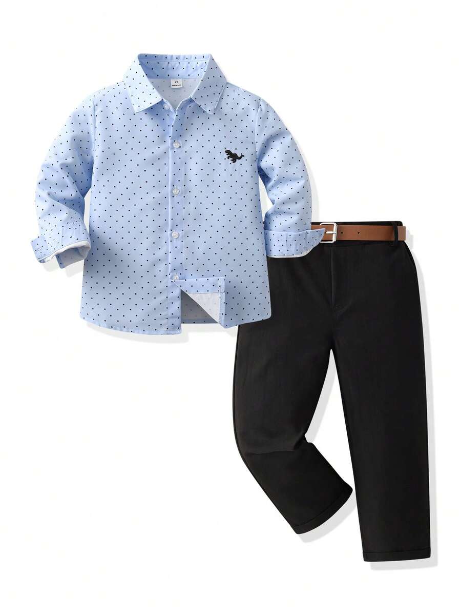 SHEIN 2pcs Young Boy Gentleman Set,Polka Dot Long Sleeve Shirt And Suit Pants,Family Matching,Back-To-School,Formal Wedding Birthday Party Outfit - Blue - View 1
