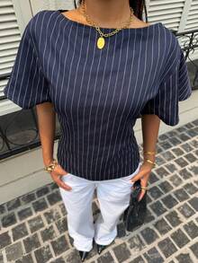 Siren Gaze Áo sơ mi nữ kẻ sọc, kiểu dáng thường ngày, đa năng. - Màu xanh hải quân - Xem 7