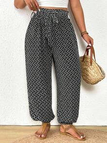 SHEIN Frenchy Quần ống rộng cỡ lớn in họa tiết toàn thân, kiểu dáng thường ngày, thắt nút, thích hợp cho kỳ nghỉ. - màu đen - Xem 3