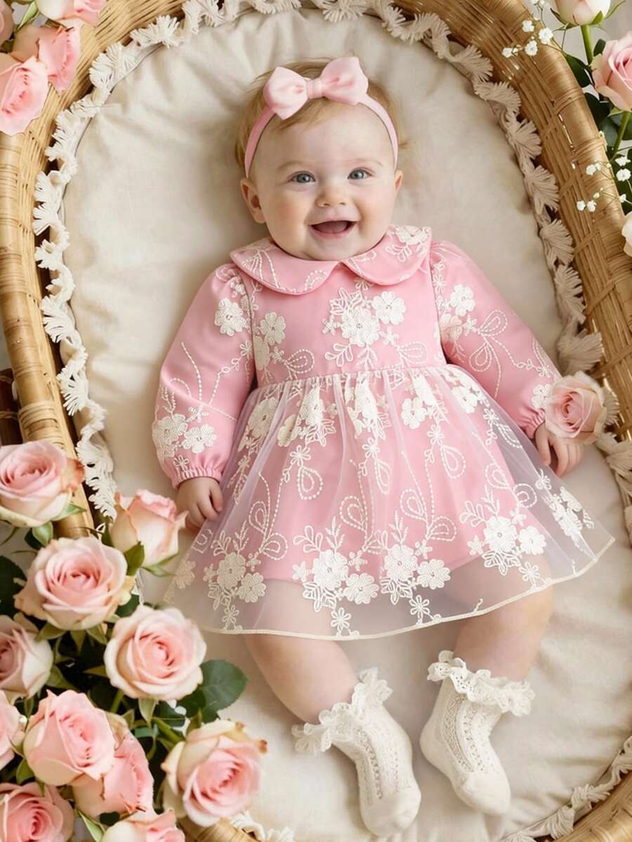 SHEIN 新生女宝宝春夏杏色优雅精致刺绣薄纱公主裙,日常外出必备,新生儿服装 - 粉色 - 查看 1